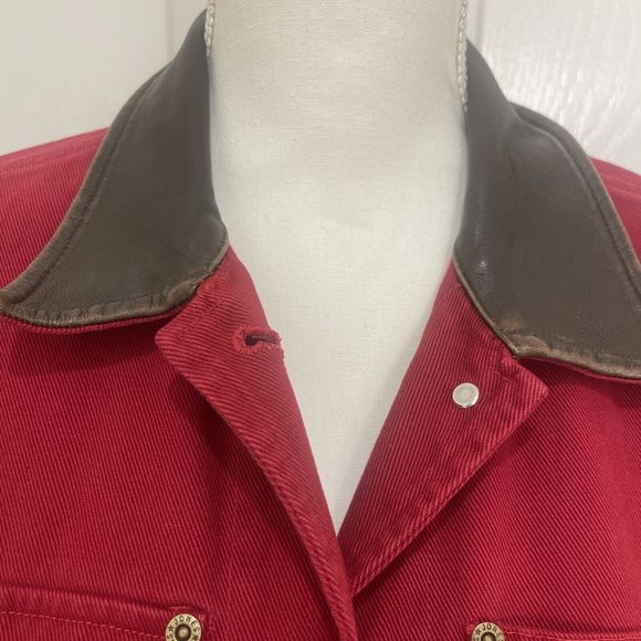 Vintage Jones Jeans Women's Red Denim Jacket Metal Buttons Leather Colla… - Picture 4 of 13